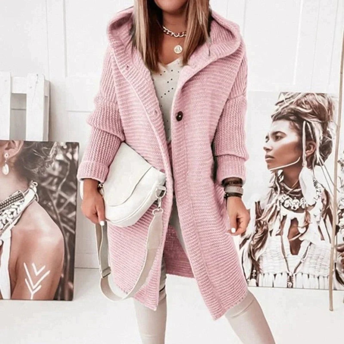 Gilet long à capuche avec fermeture boutonnée rose pour femme