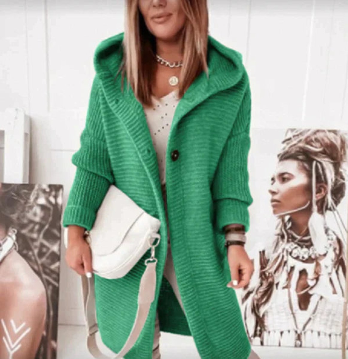 Gilet long à capuche avec fermeture boutonnée vert pour femme