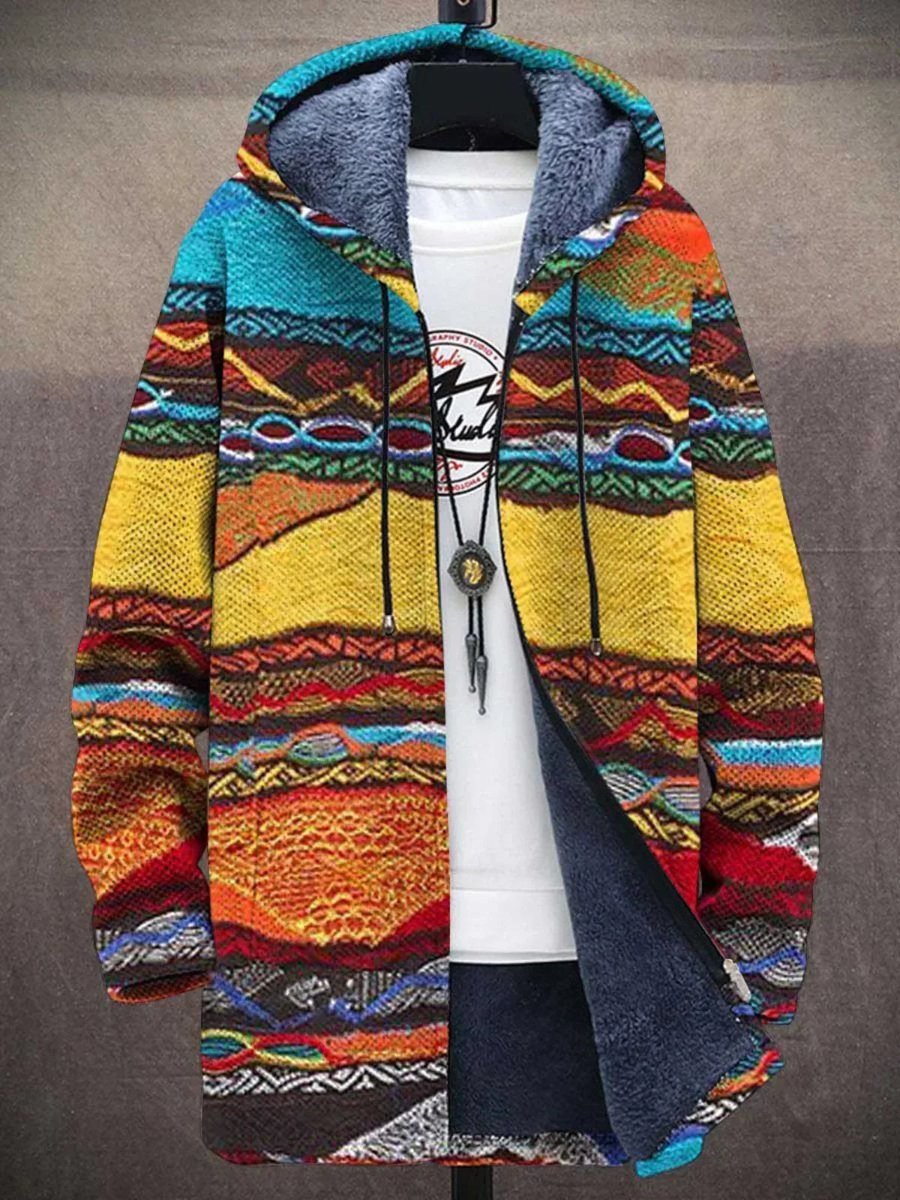 Gilet long à capuche imprimé multicolore zippé retro pour homme