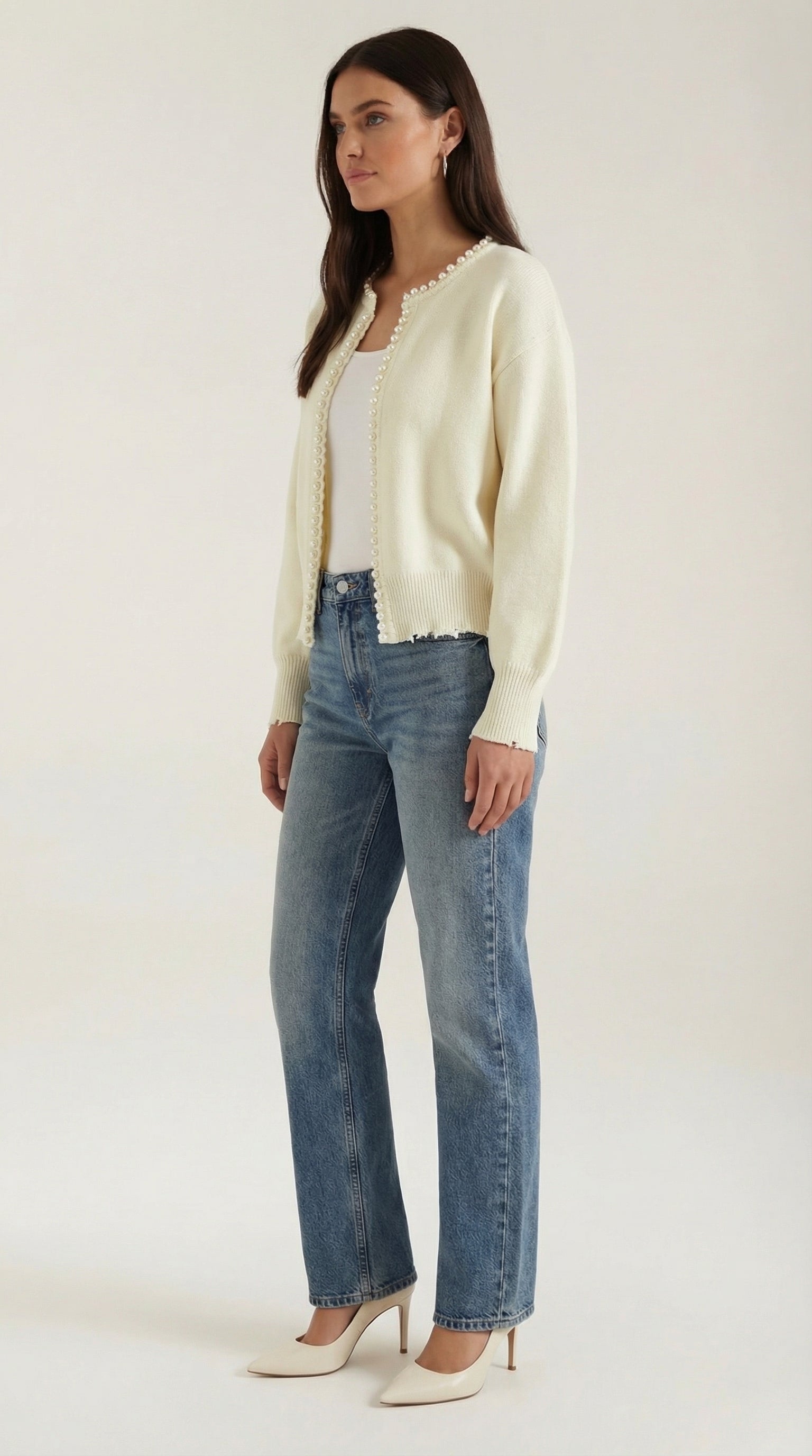 Gilet ouvert bordure perles manches longues pour femme