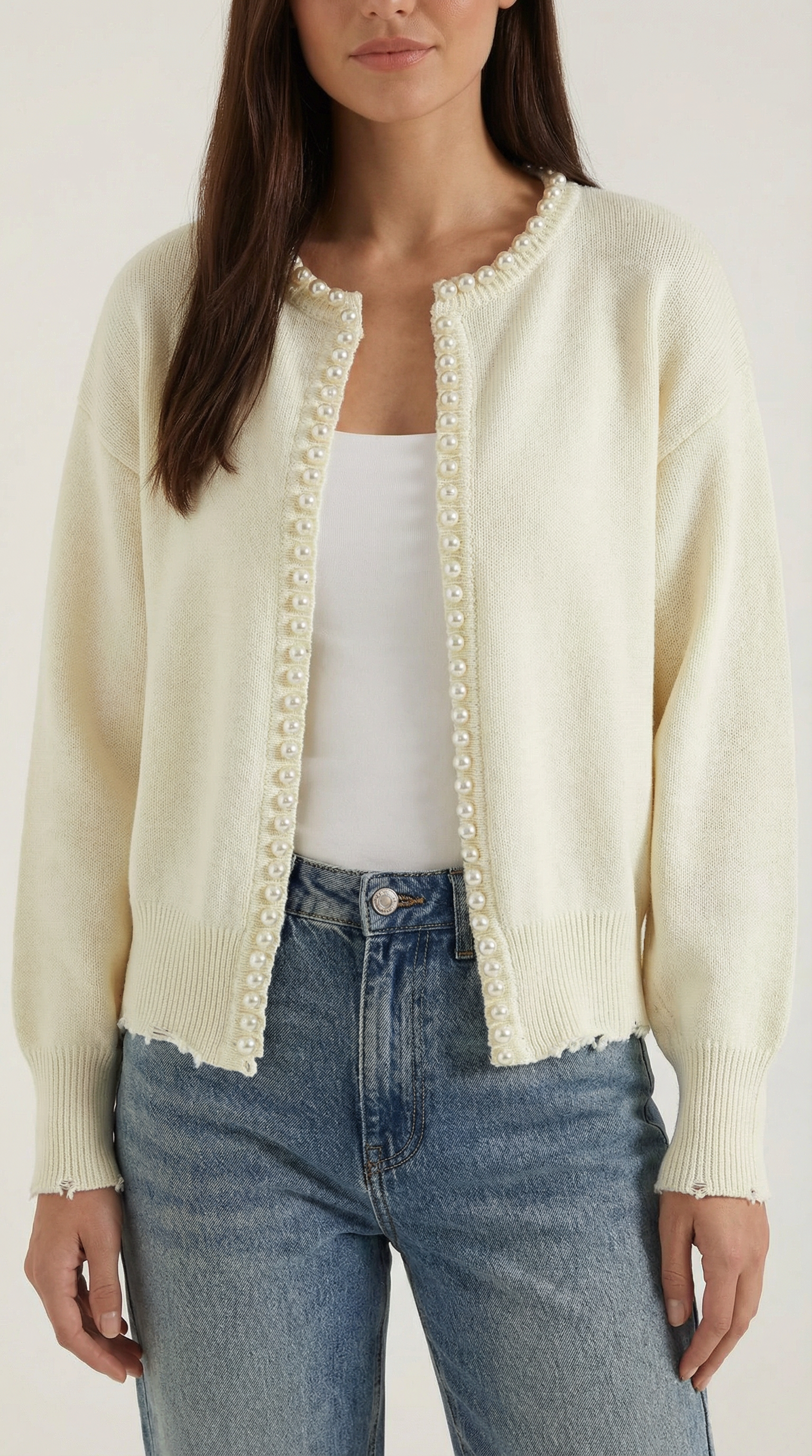 Gilet ouvert bordure perles manches longues pour femme – vue 2