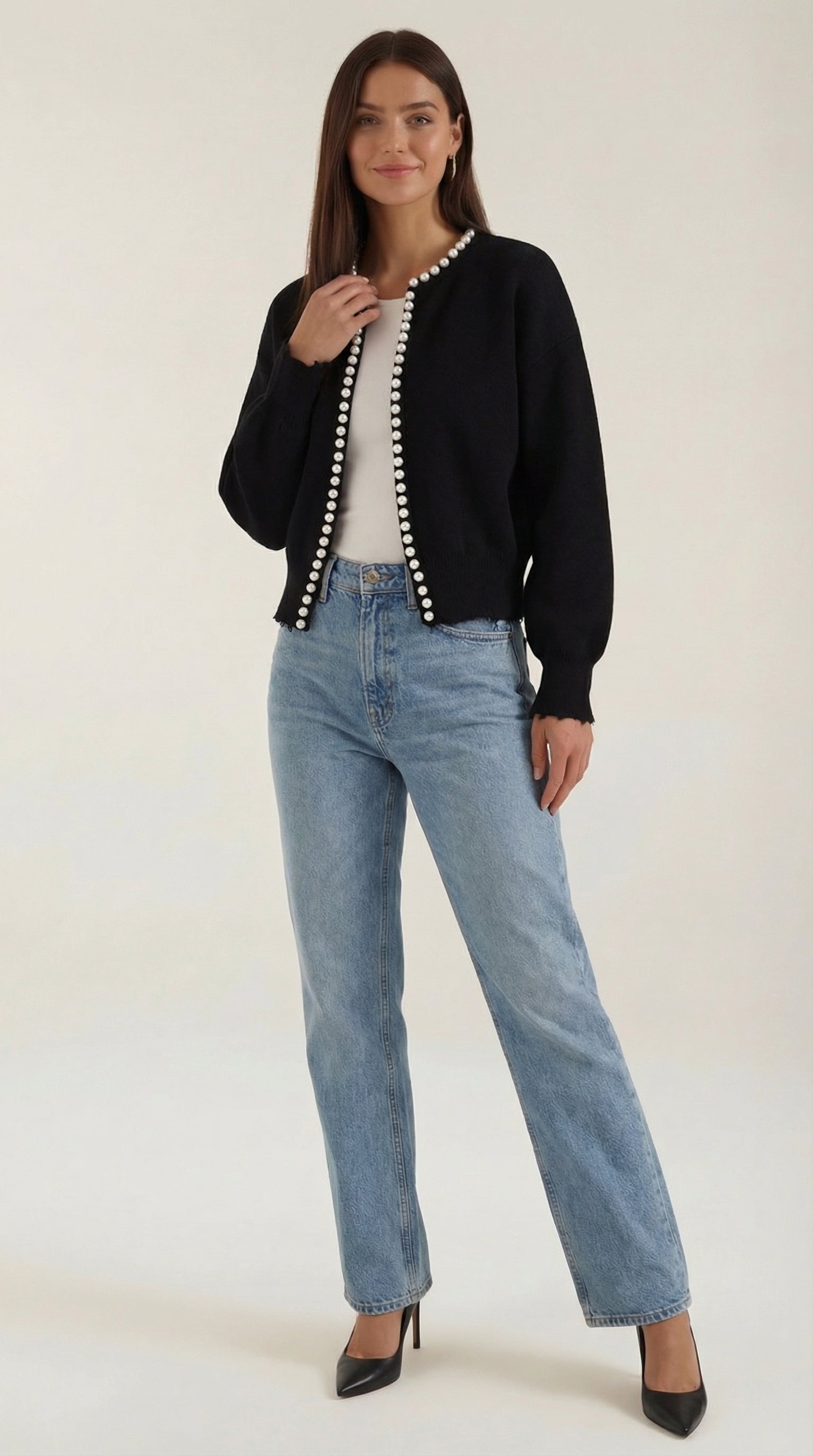 Gilet ouvert bordure perles manches longues pour femme – vue 5