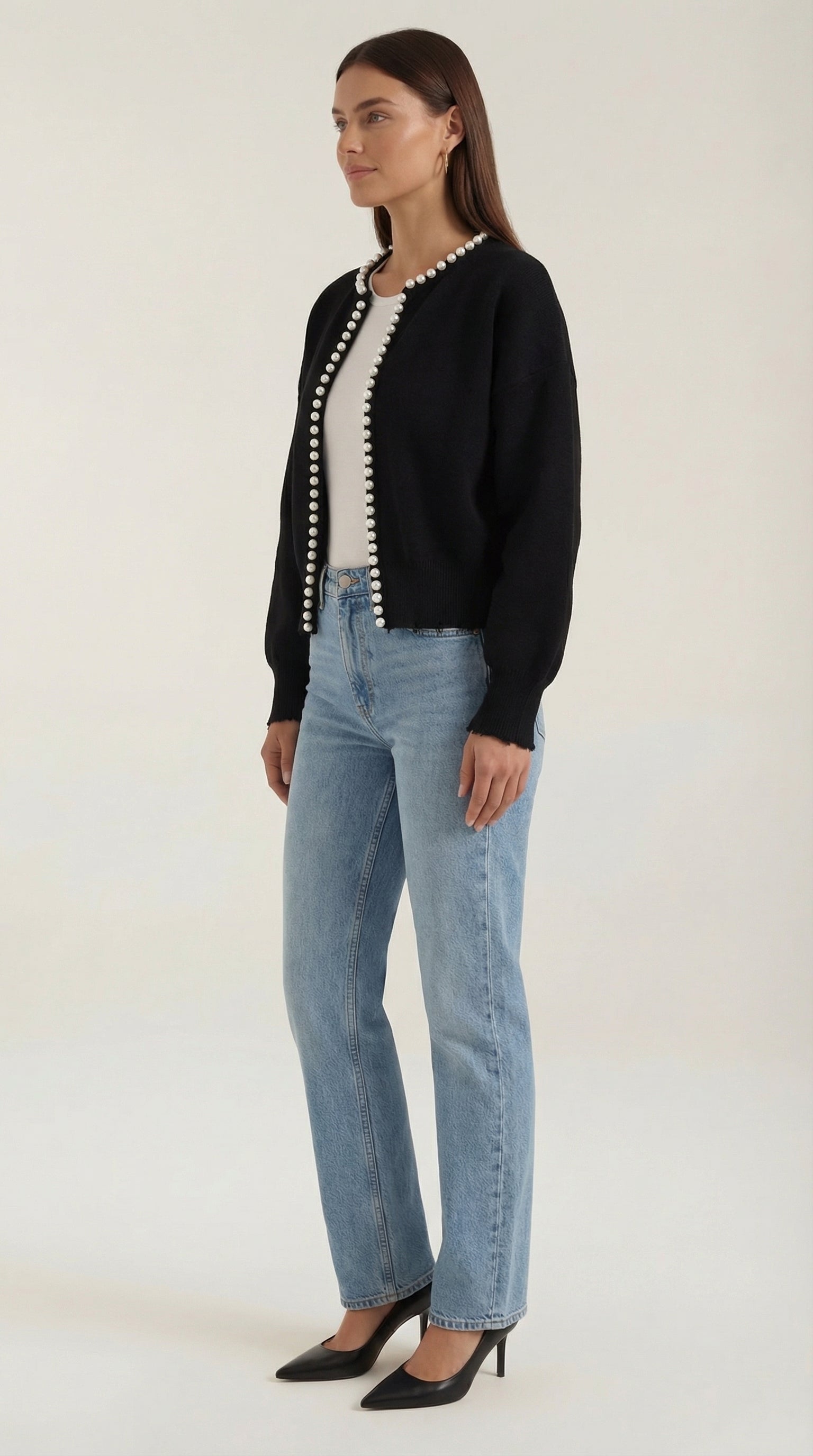 Gilet ouvert bordure perles manches longues noir pour femme