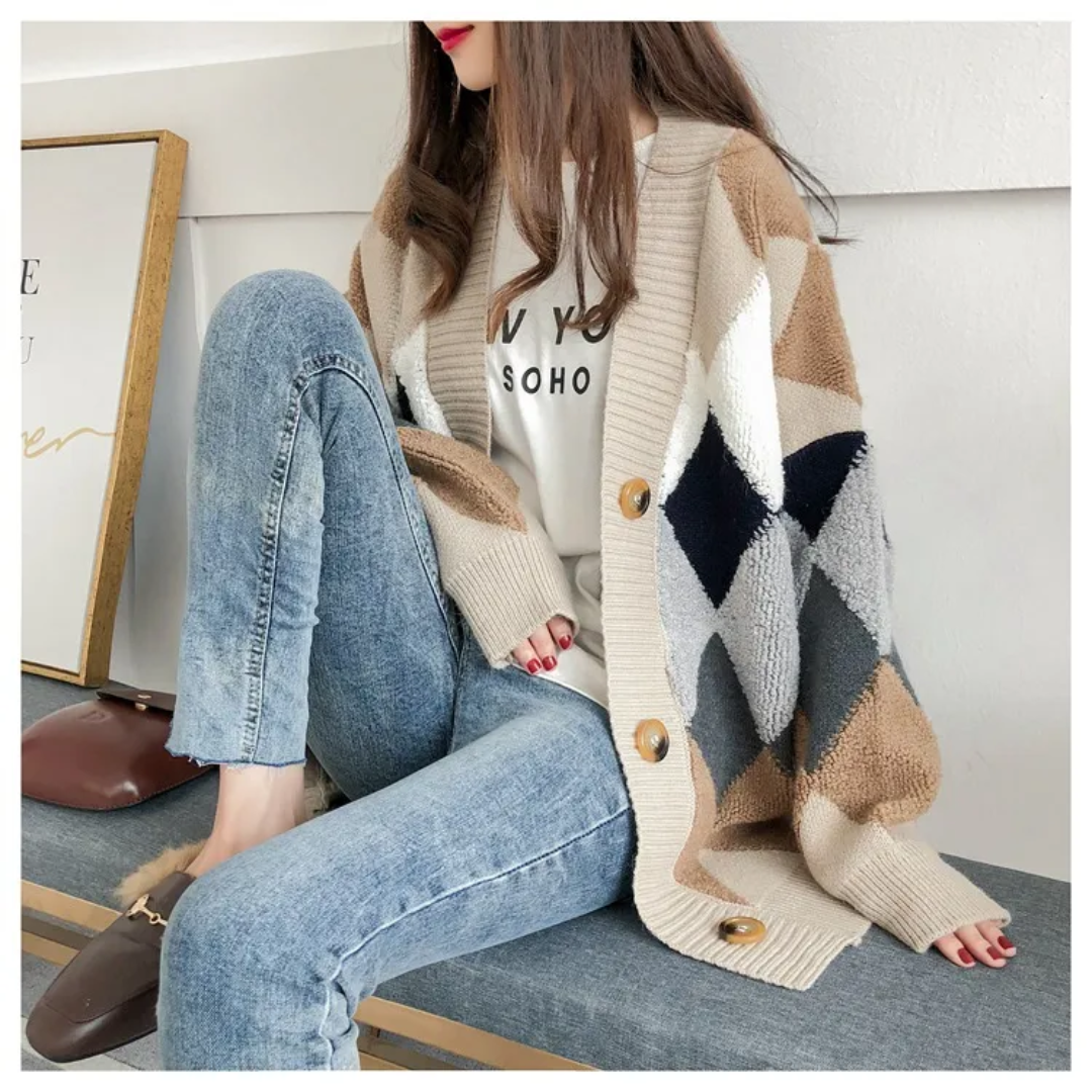 Gilet oversized motifs géométriques col V kaki pour femme