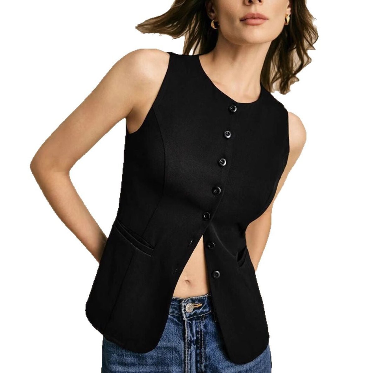 Gilet sans manches boutonné cintré avec poche pour femme – vue 4