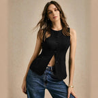 Gilet sans manches boutonné cintré avec poche noir pour femme