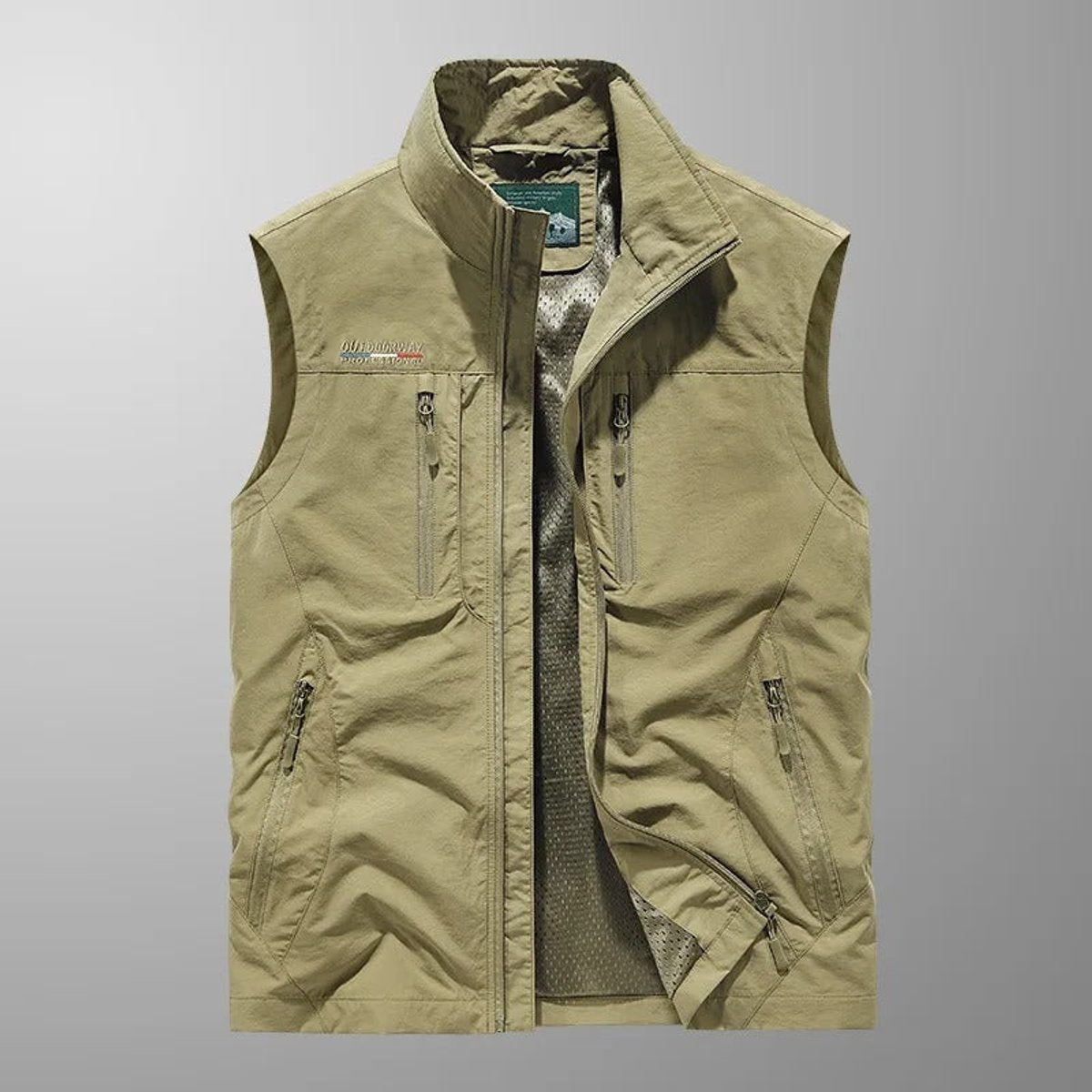 Gilet sans manches multi-poches zippé cargo kaki pour homme