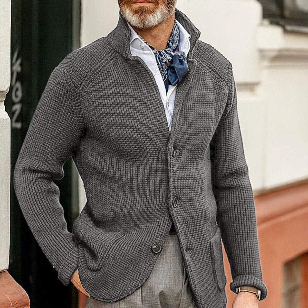 Gilet texturé boutonné col montant gris pour homme