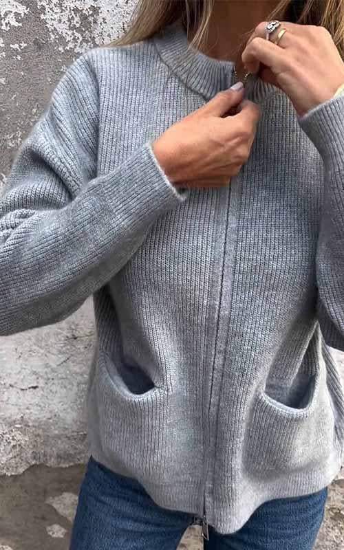 Gilet zippé côtelé col montant poches pour femme – vue 2