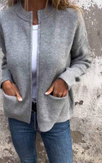 Gilet zippé côtelé col montant poches gris pour femme