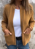 Gilet zippé côtelé col montant poches marron pour femme