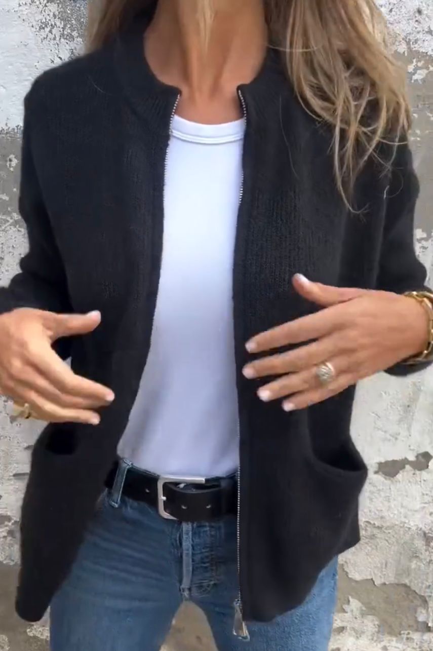 Gilet zippé côtelé col montant poches noir pour femme
