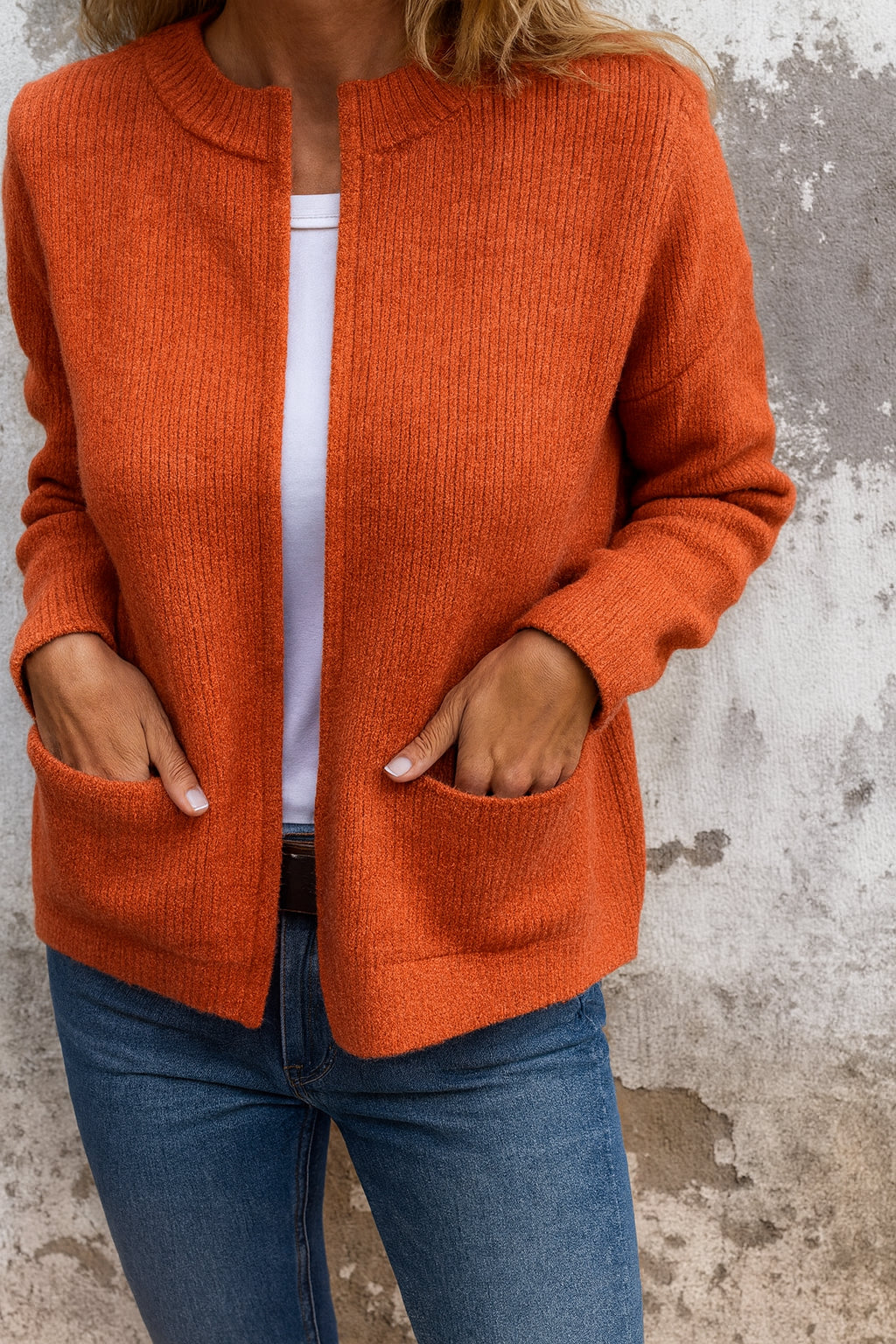 Gilet zippé côtelé col montant poches orange pour femme