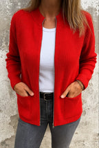 Gilet zippé côtelé col montant poches rouge pour femme