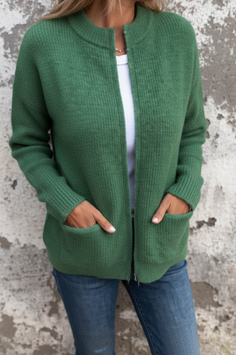 Gilet zippé côtelé col montant poches vert pour femme