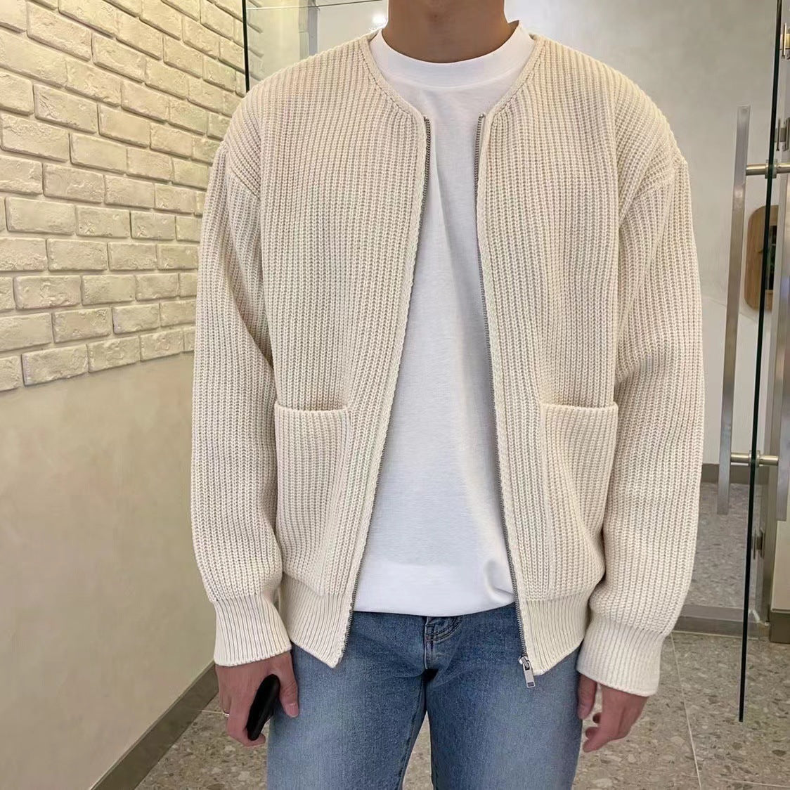 Gilet zippé côtelé avec poches crème pour homme