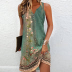 Robe courte sans manches imprimé floral fond vert, col V avec boutons