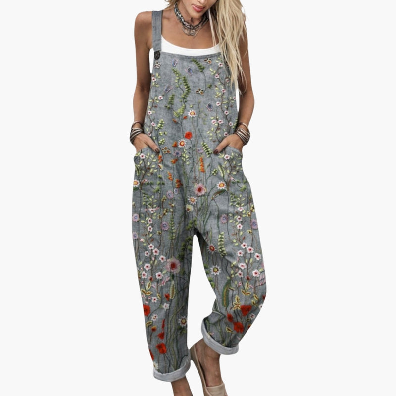 Combinaison salopette florale jambes larges femme, fond gris doux