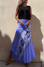 Jupe longue fluide à motifs géométriques rayés bleu pour femme
