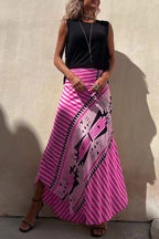 Jupe longue fluide à motifs géométriques rayés rose pour femme