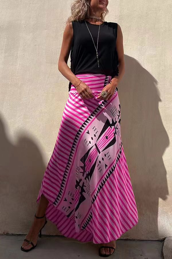 Jupe longue fluide à motifs géométriques rayés rose pour femme