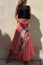 Jupe longue fluide à motifs géométriques rayés rouge pour femme