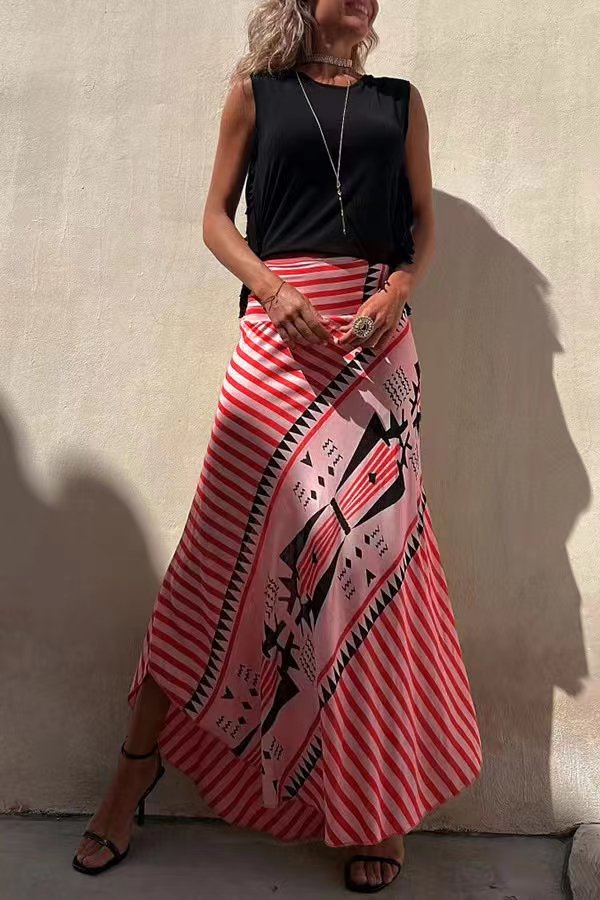 Jupe longue fluide à motifs géométriques rayés rouge pour femme
