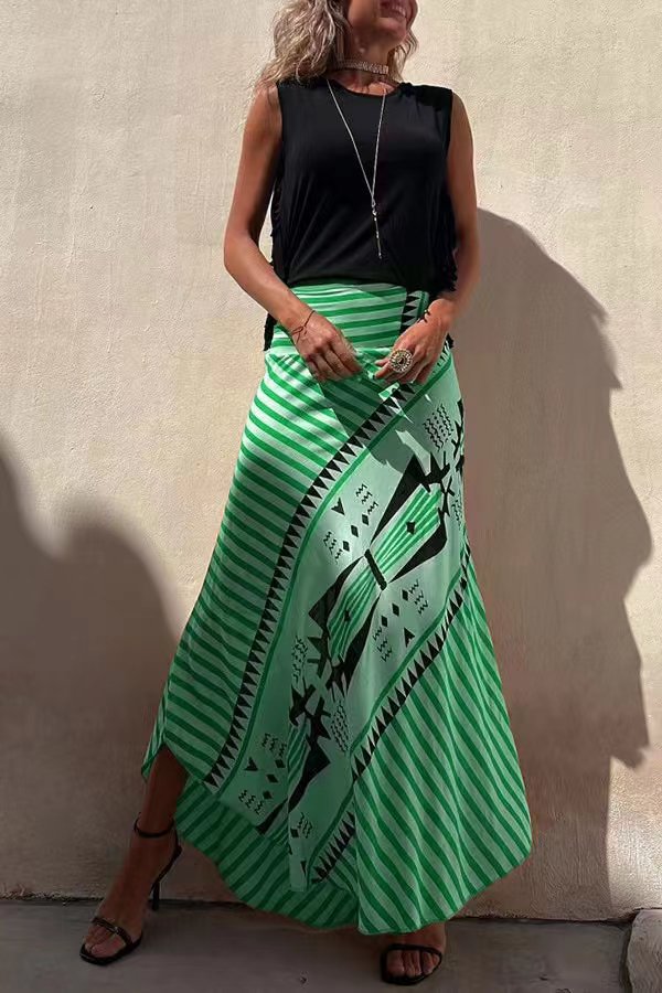 Jupe longue fluide à motifs géométriques rayés vert pour femme