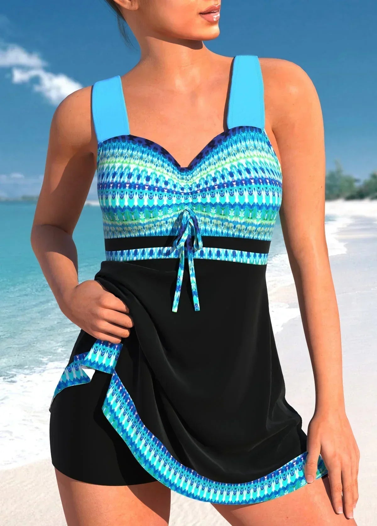 Maillot de bain deux pièces avec jupe bleu clair pour femme