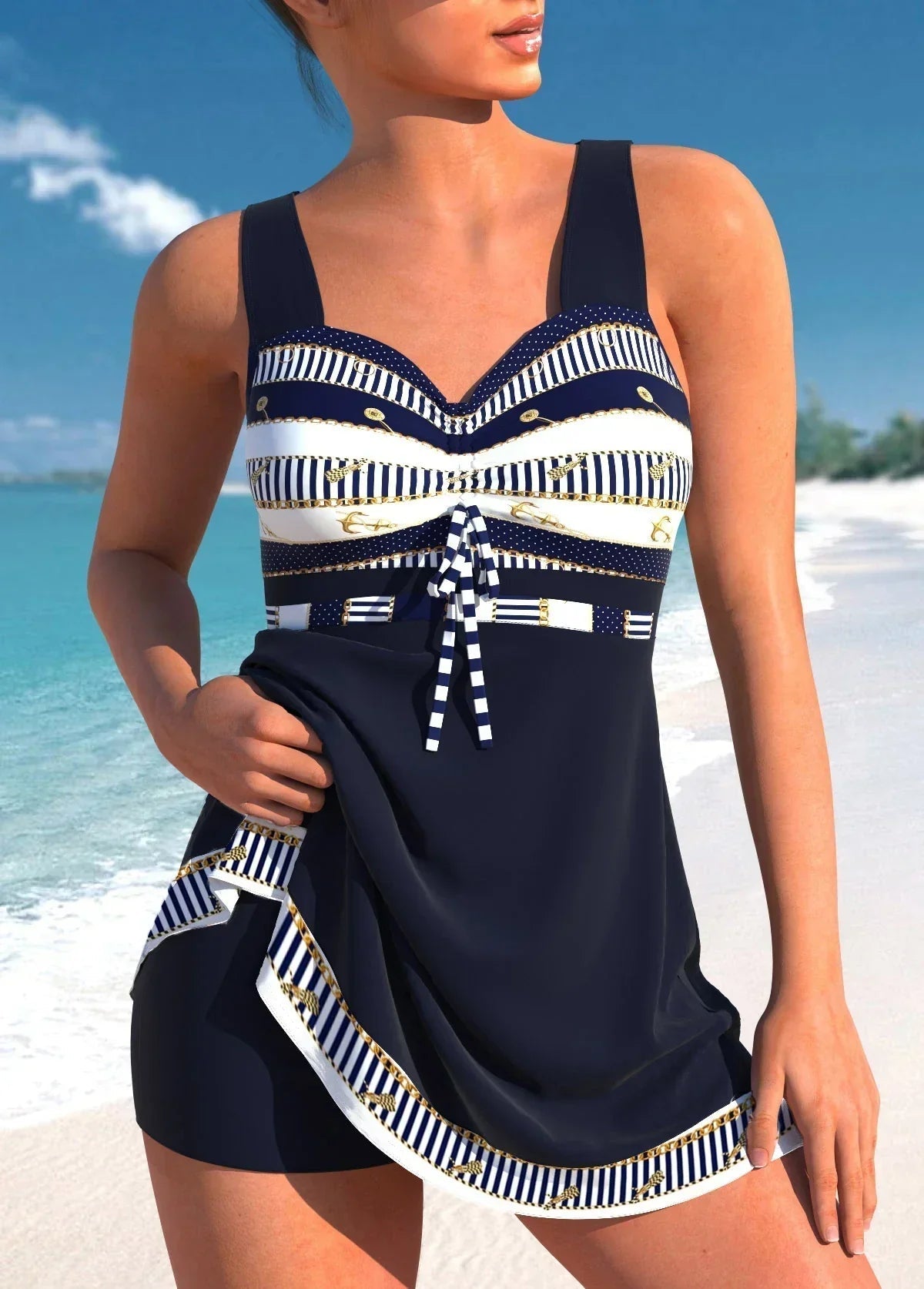 Maillot de bain deux pièces avec jupe bleu marine pour femme