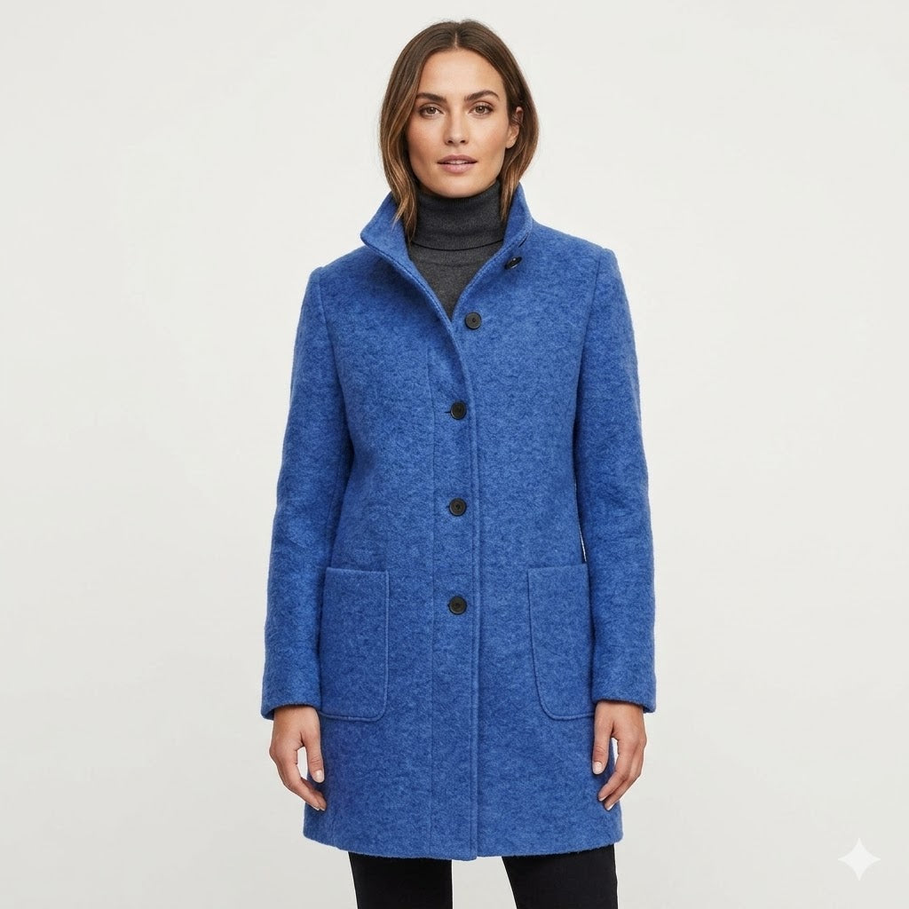 Manteau mi-long boutonné col cranté poches bleu pour femme