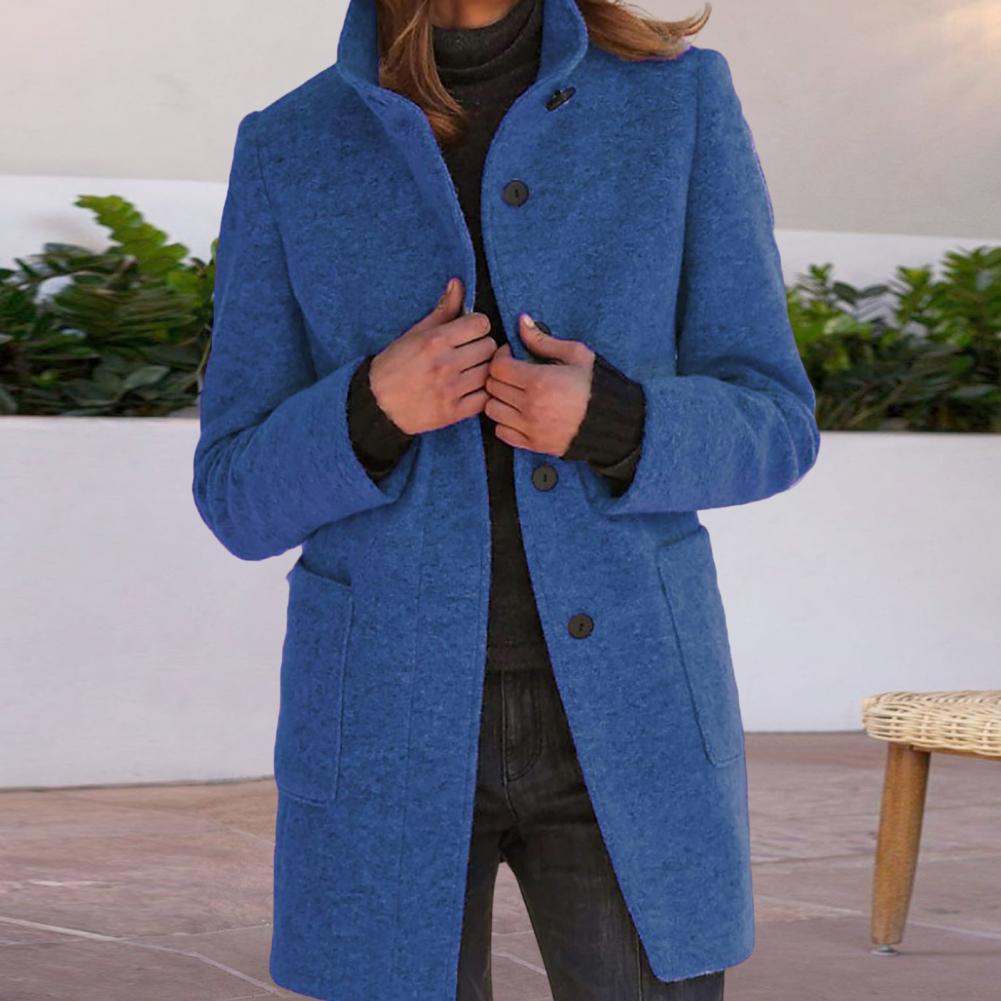 Manteau mi-long boutonné col cranté poches pour femme