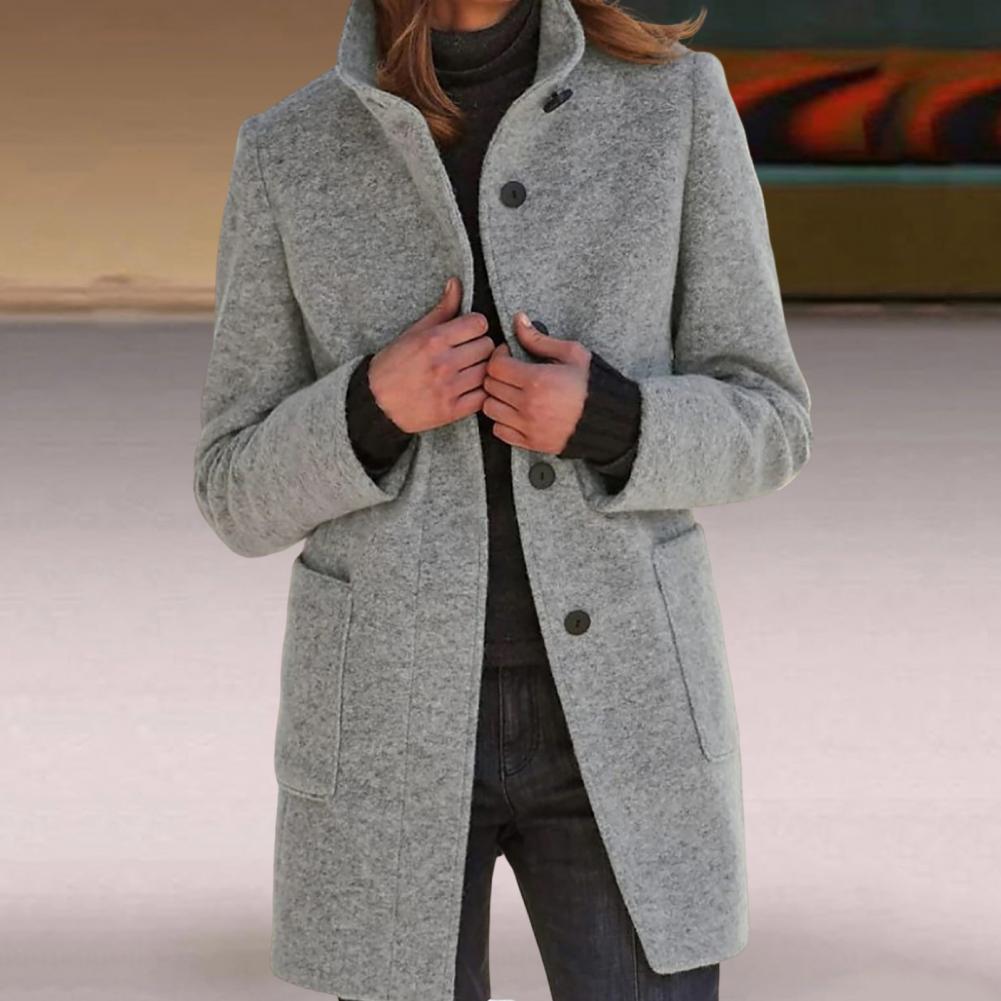 Manteau mi-long boutonné col cranté poches gris pour femme