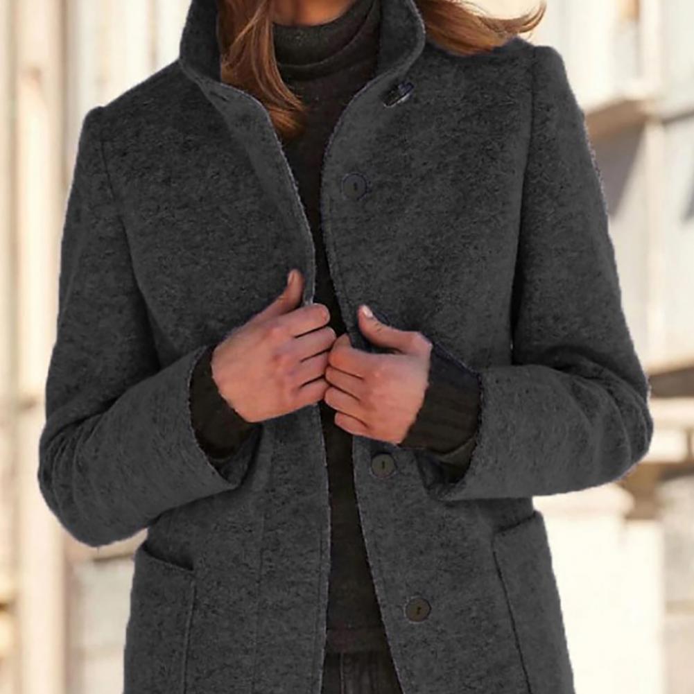 Manteau mi-long boutonné col cranté poches noir pour femme