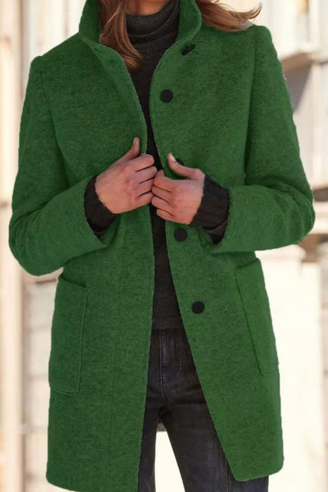 Manteau mi-long boutonné col cranté poches vert pour femme
