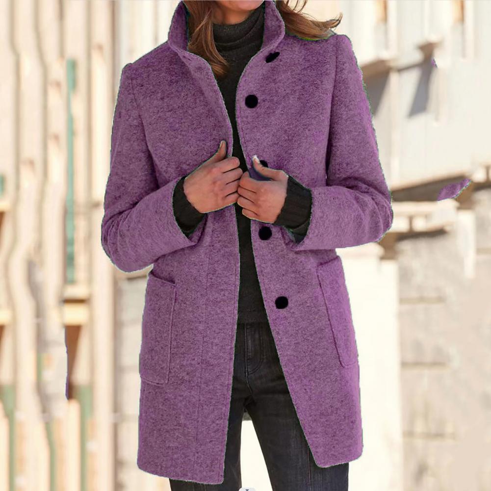Manteau mi-long boutonné col cranté poches violet pour femme