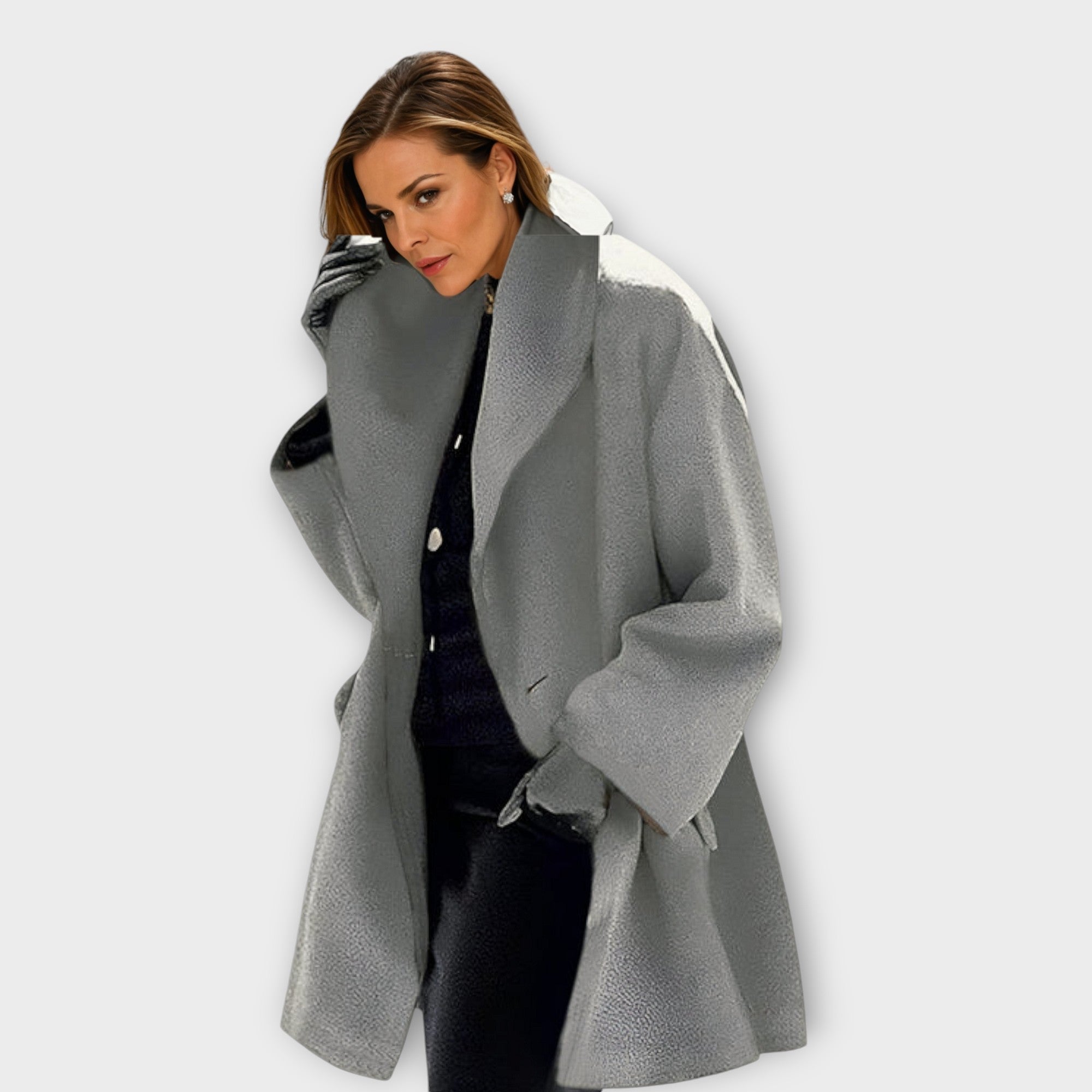 Manteau oversize col châle mi-long gris pour femme