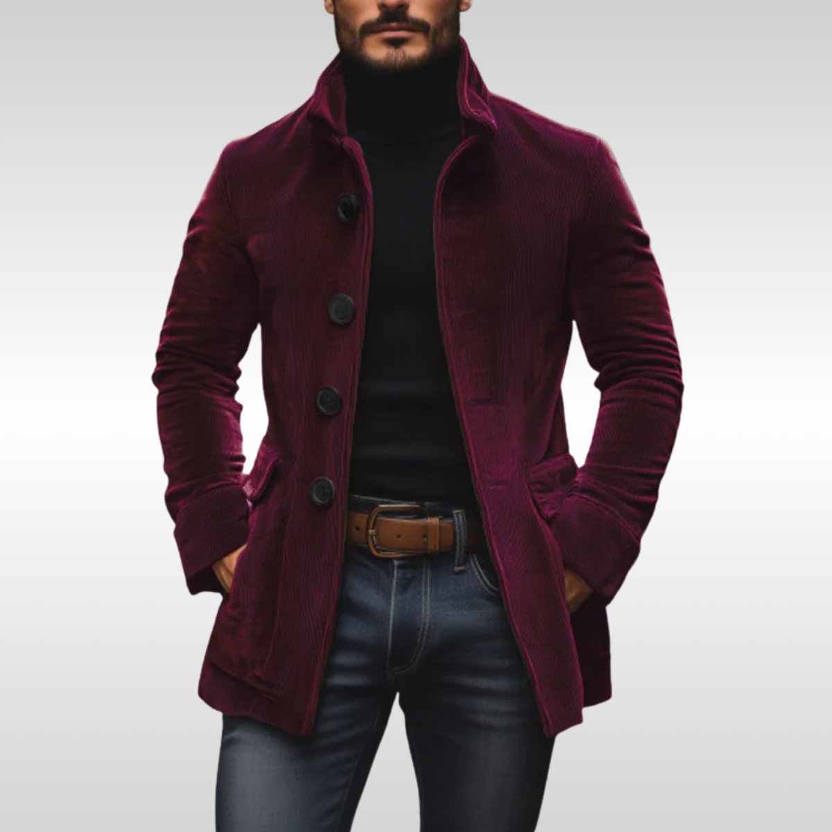 Manteau col montant boutonné coupe ajustée bordeaux pour homme