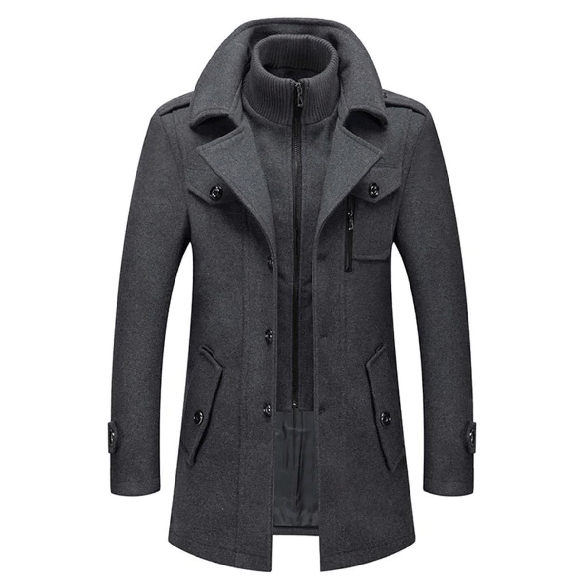 Manteau double couche col montant poches boutonnées gris pour homme