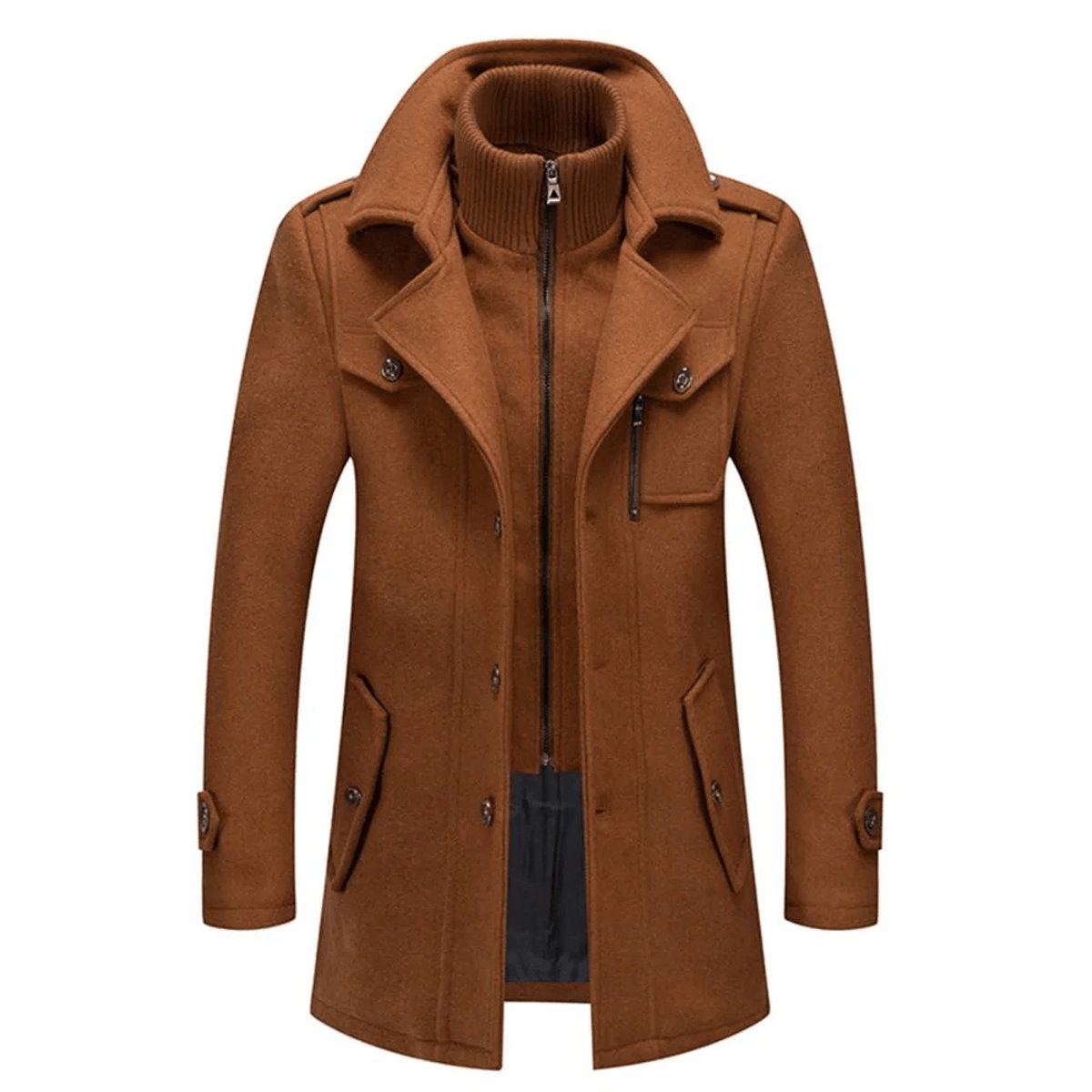 Manteau double couche col montant poches boutonnées marron pour homme