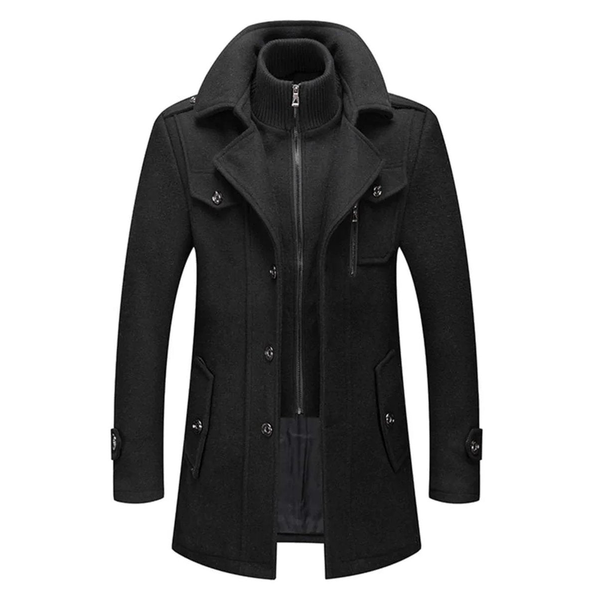 Manteau double couche col montant poches boutonnées noir pour homme