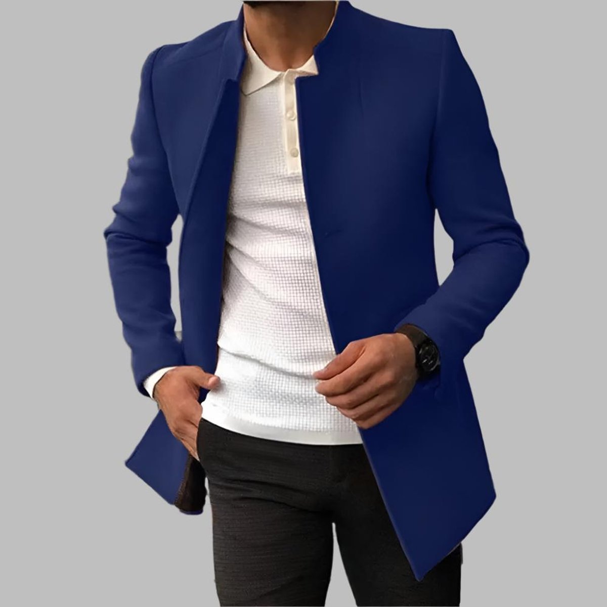 Manteau droit col tailleur ouvert bleu pour homme