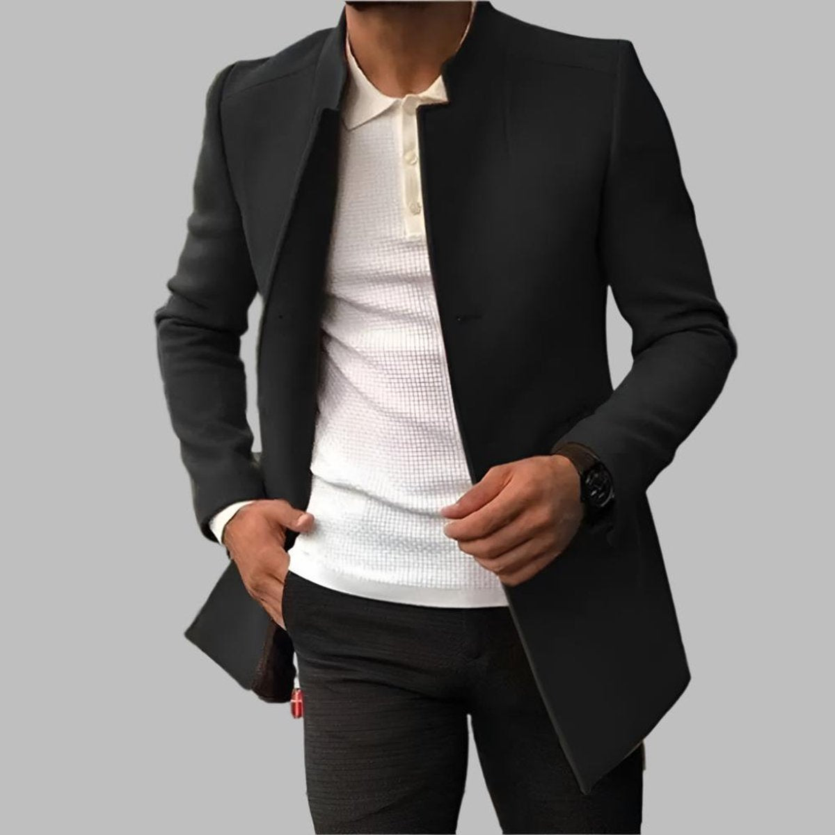 Manteau droit col tailleur ouvert noir pour homme