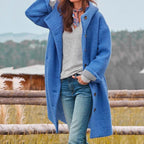 Manteau long à capuche texture bouclée bleu pour femme
