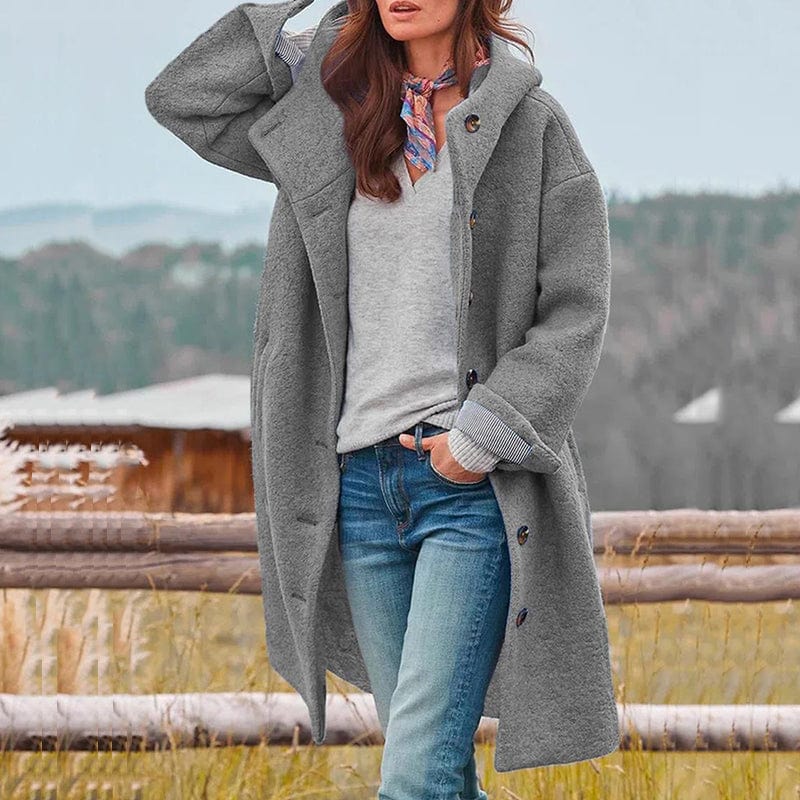 Manteau long à capuche texture bouclée gris pour femme