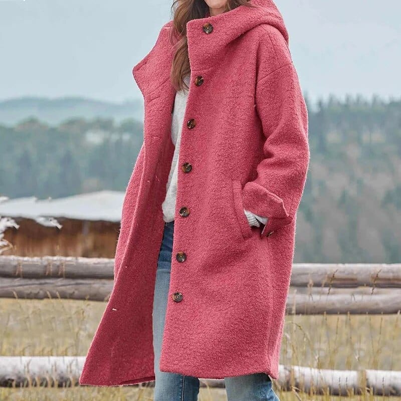 Manteau long à capuche texture bouclée rose pour femme