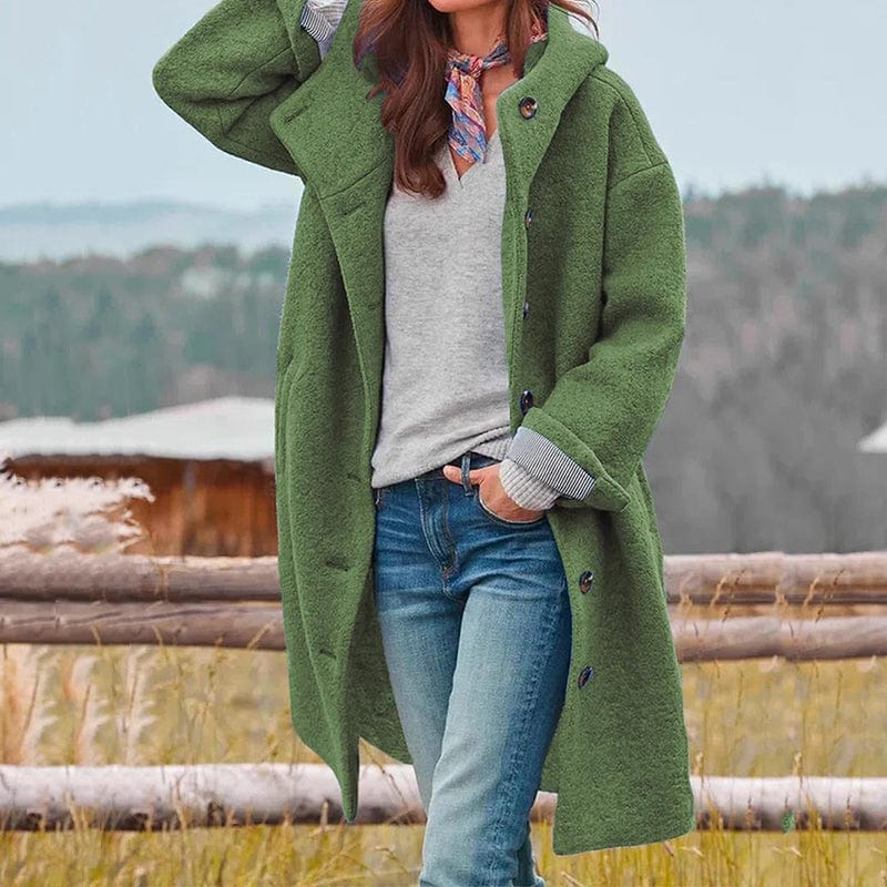 Manteau long à capuche texture bouclée vert pour femme