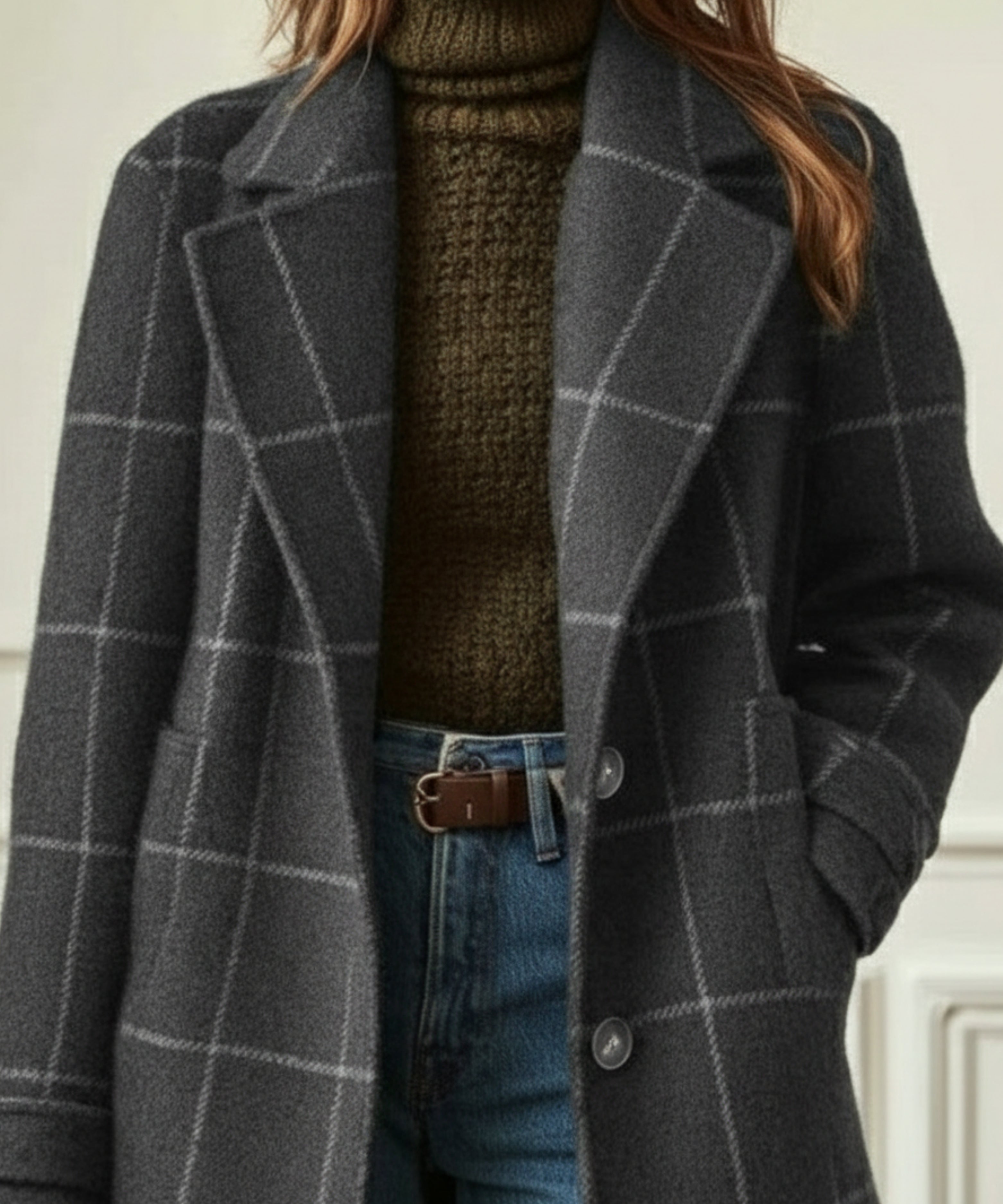 Manteau long à carreaux col tailleur pour femme – vue 3