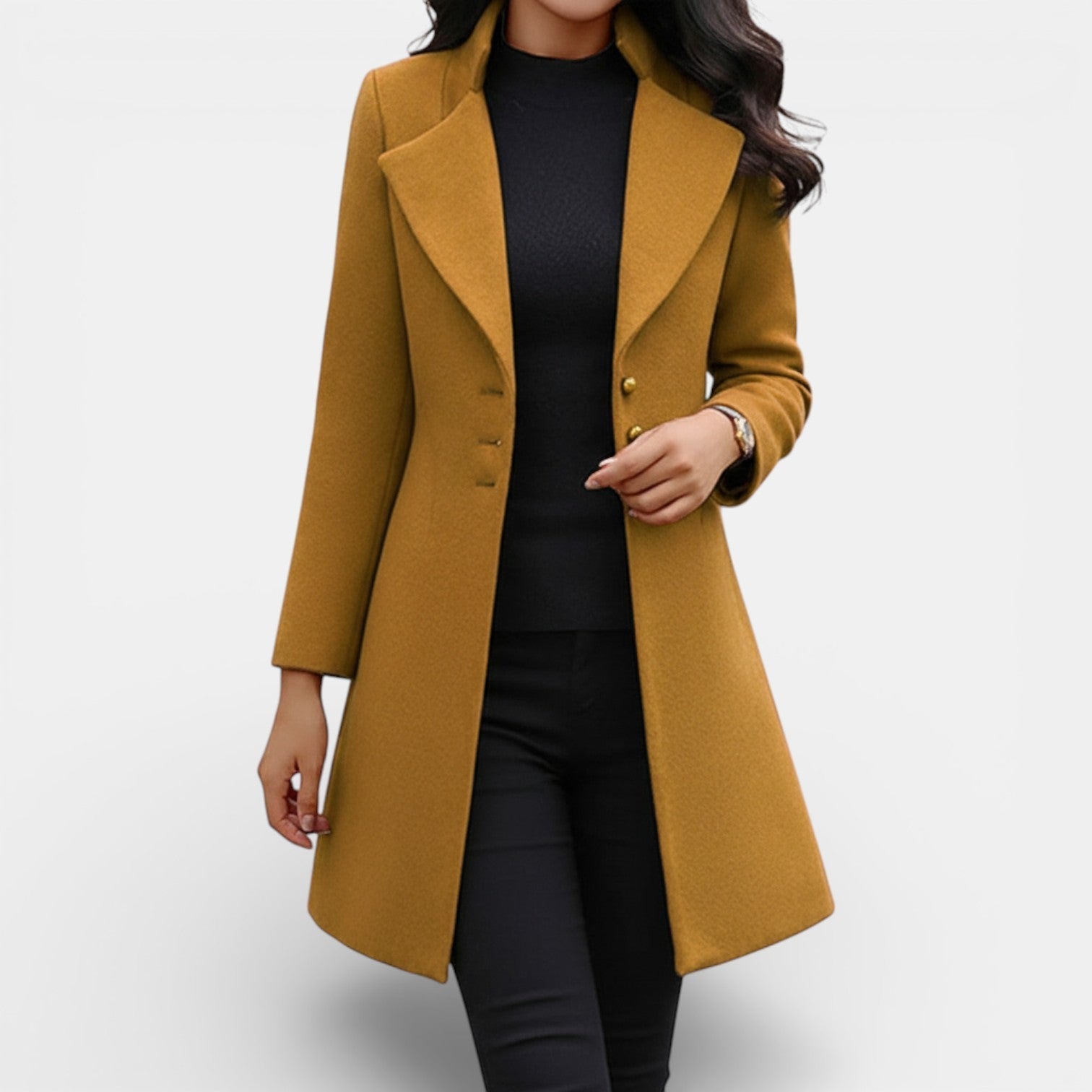 Manteau long ajusté à col châle jaune pour femme