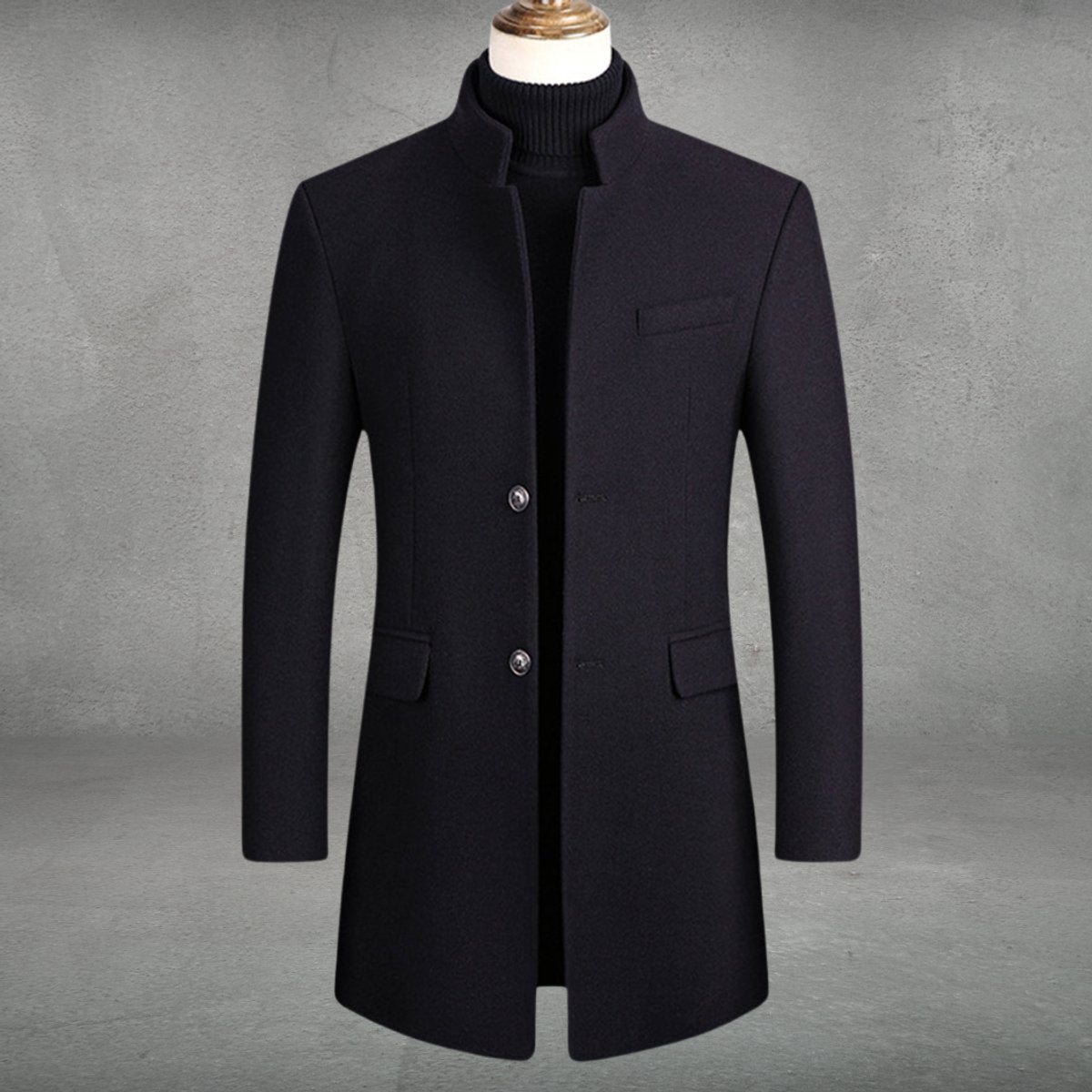 Manteau long col montant coupe ajustée bleu marine pour homme